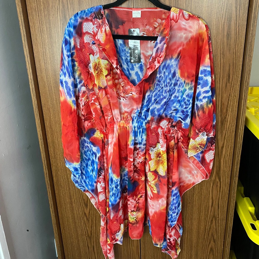 SHUISI QING Kaftan Tunic Women XL Red Multicolor Floral Elastic Waist Sheer Boho